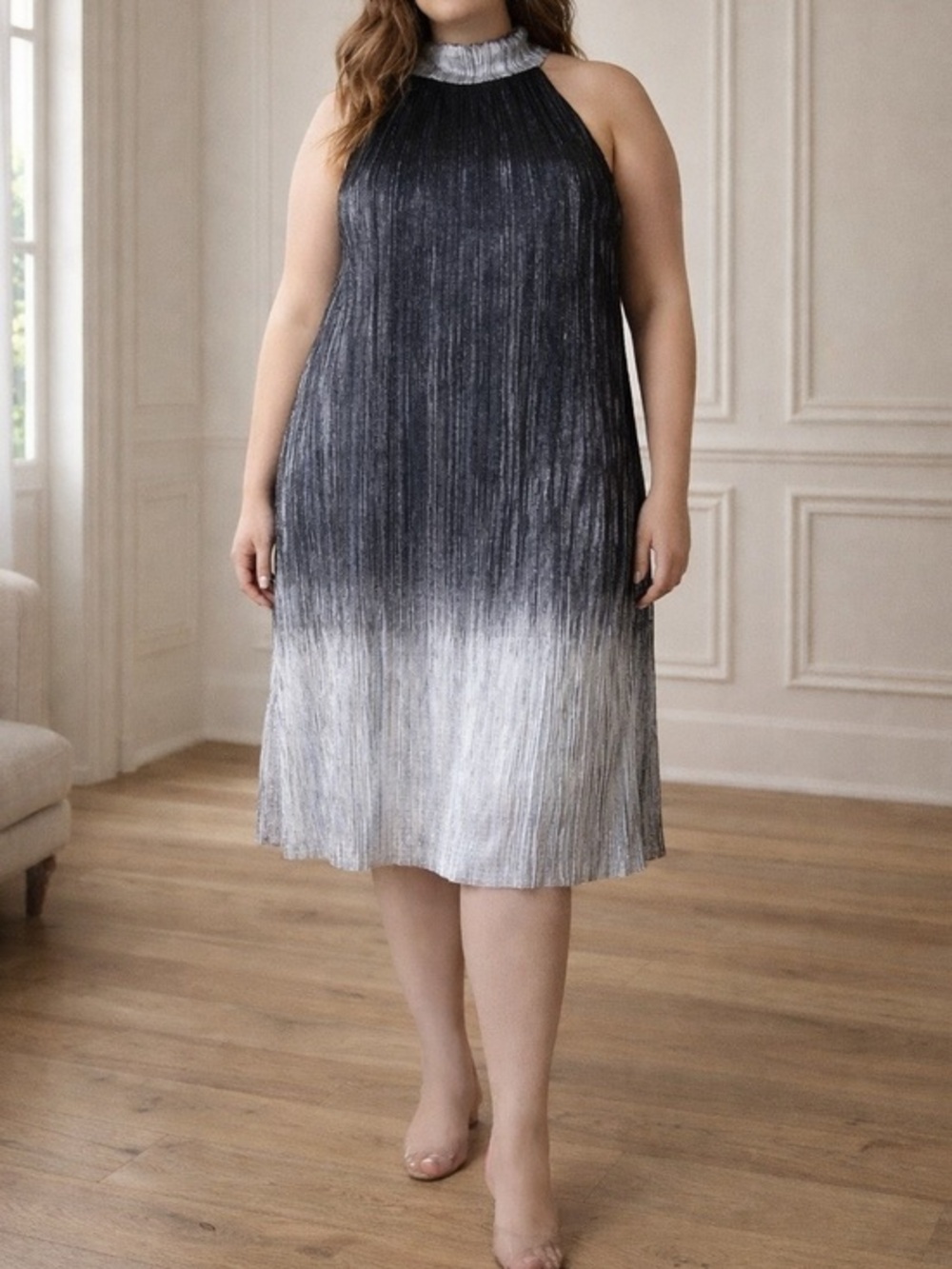 Samuel Dong Pleated Shimmer Midi Dress Silver Black Halter Metallic Ombre